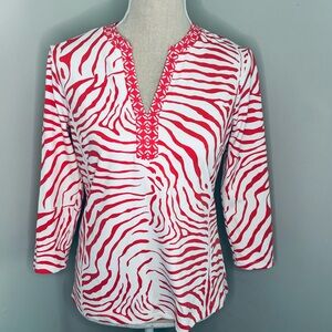 J McLaughlin hot pink & white zebra print V-neck 3/4 sleeve size XS